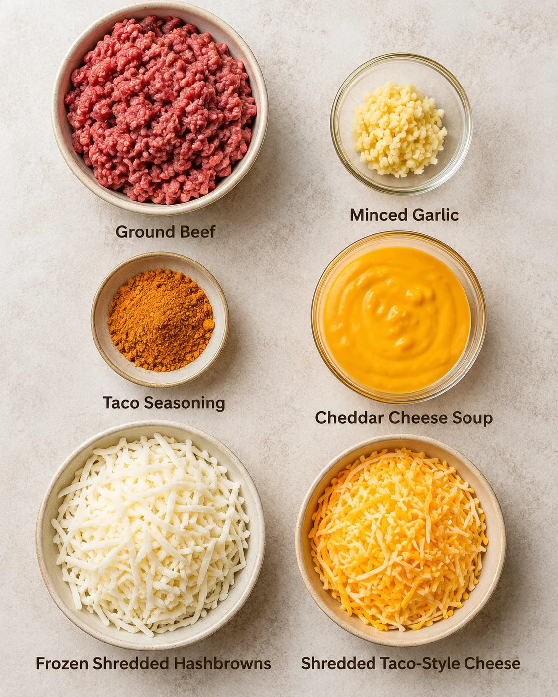 Top-down ingredients for Taco Crock Pot Hashbrown Casserole: ground beef, garlic, taco seasoning, cheddar cheese soup, frozen shredded hashbrowns, shredded taco