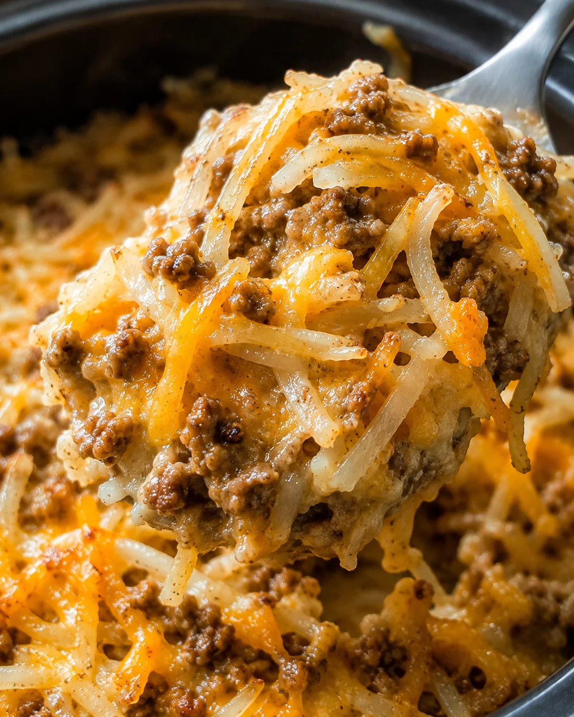 Spoon lifting a cheesy spoonful of Taco Crock Pot Hashbrown Casserole from the slow cooker
