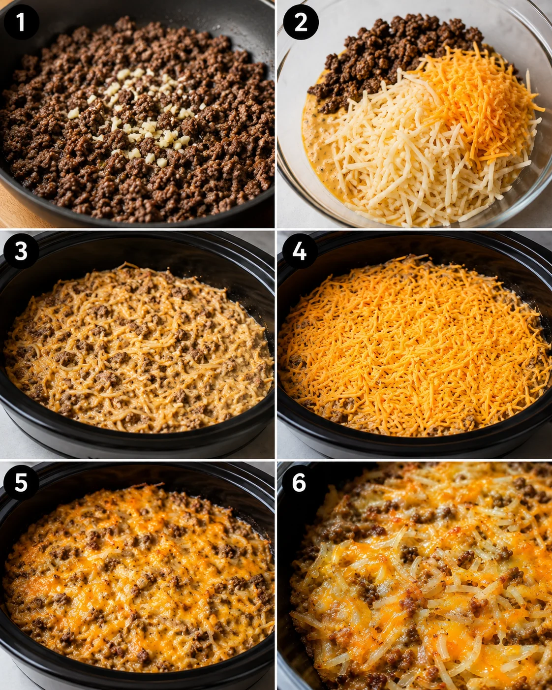 Collage of numbered step photos showing browning beef, mixing ingredients, adding to slow cooker, and finished casserole