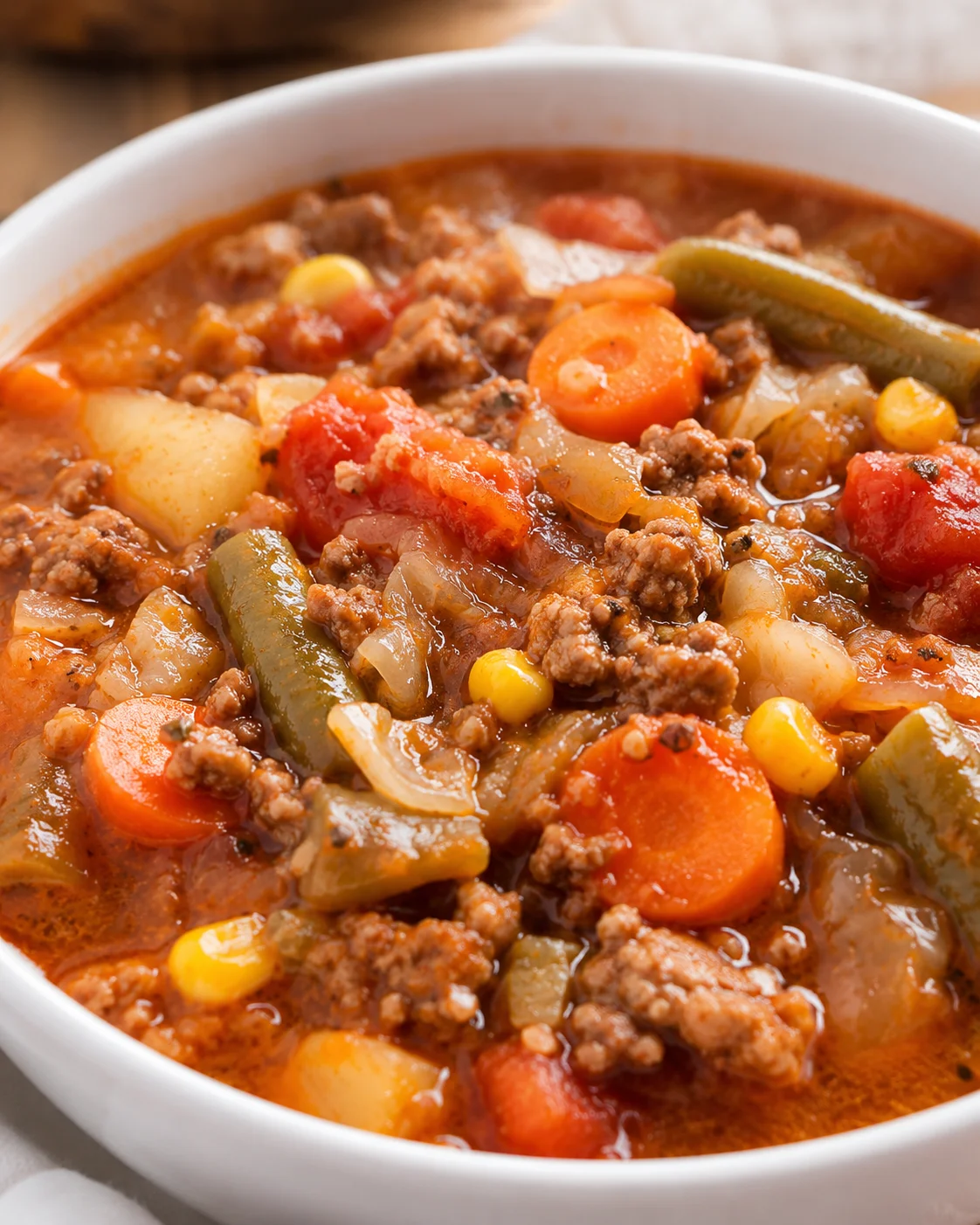 Close-up of vegetable beef soup showing chunks of beef, carrots, potatoes and green beans in a tomato broth
