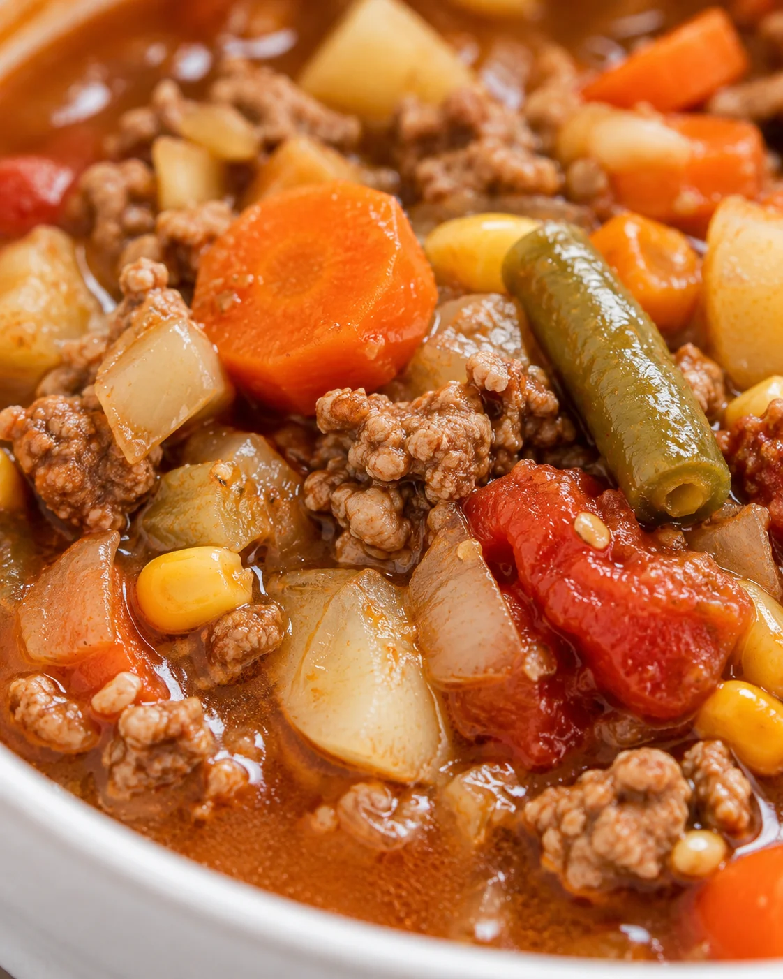 Detailed view of carrot, potato, green bean and beef pieces in vegetable beef soup