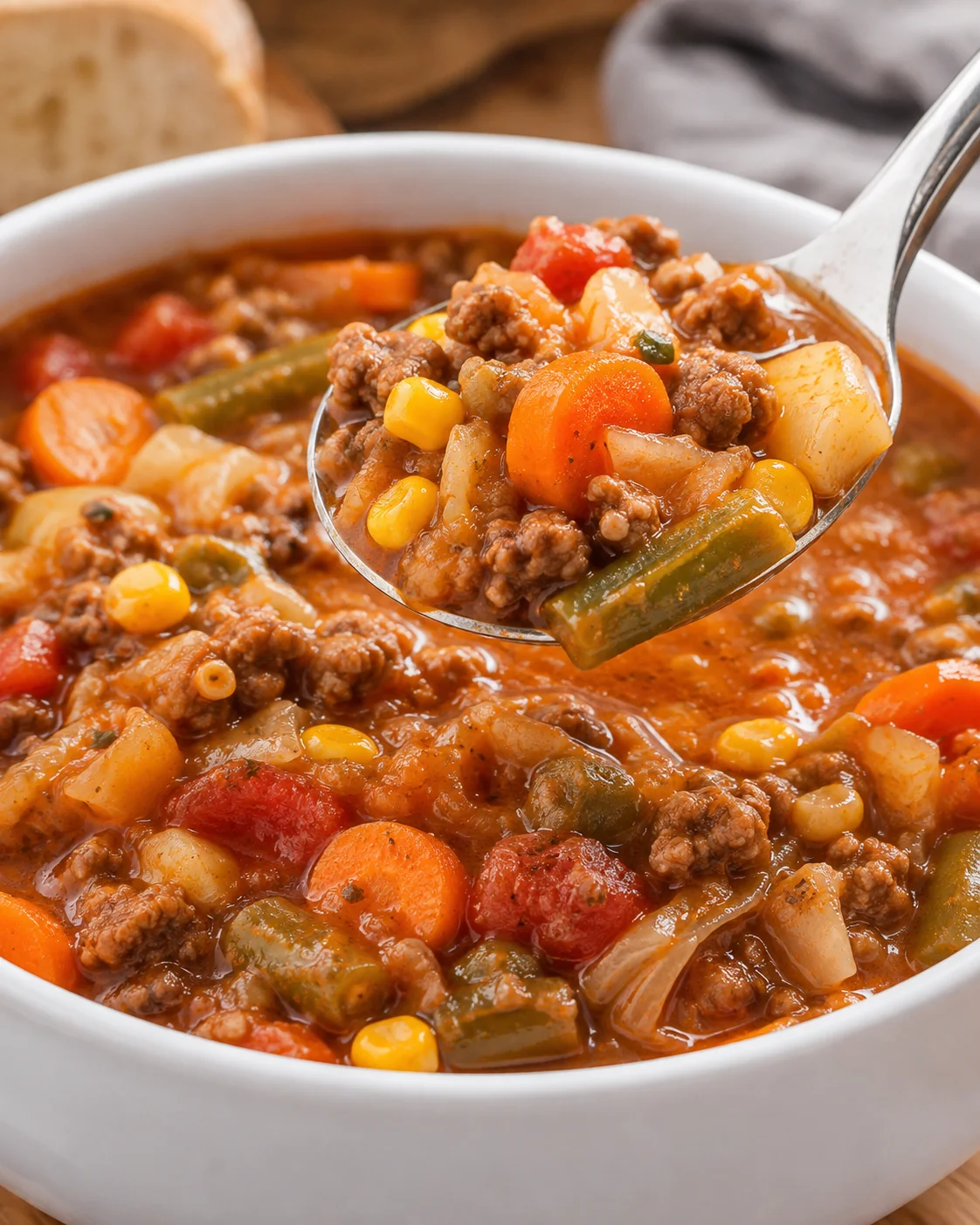 Bowl of vegetable beef soup with a spoon lifting a spoonful of vegetables and beef