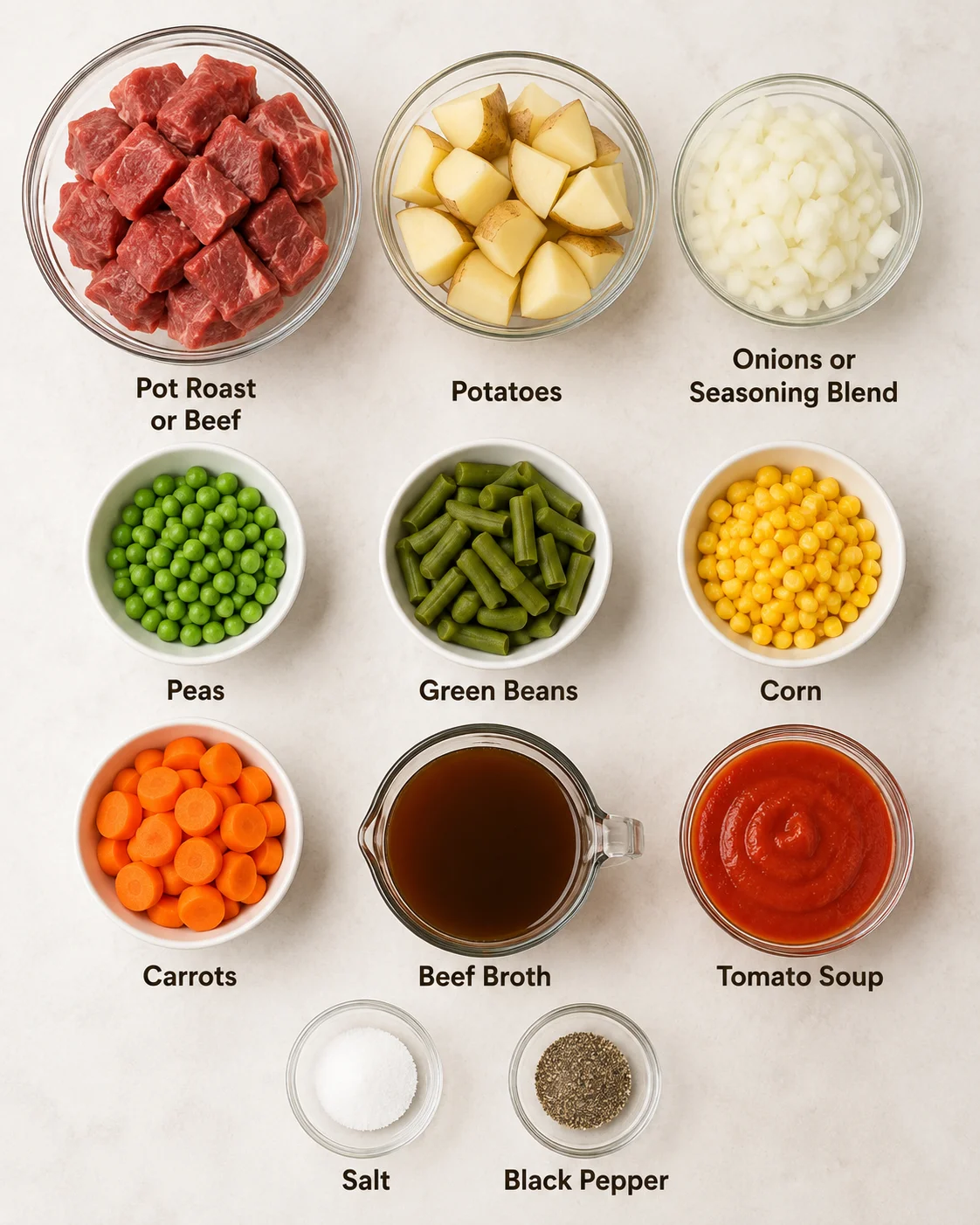 Top-down arrangement of ingredients for vegetable beef soup including beef, potatoes, onions, peas, green beans, corn, carrots, beef broth and tomato soup