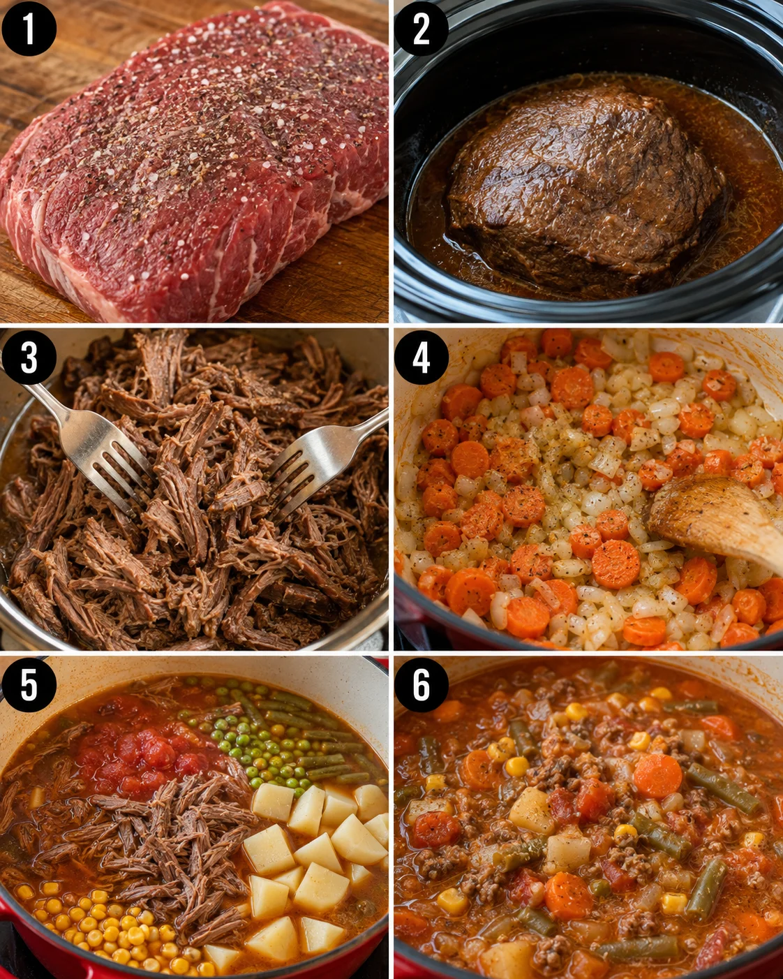 Six-panel collage showing steps for making vegetable beef soup from seasoning the roast to the finished soup