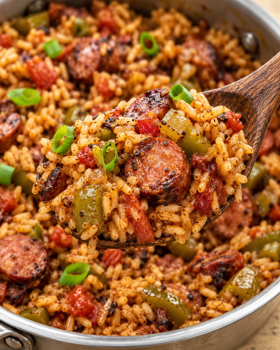 Alternate close angle of Cajun sausage and rice with glossy grains and browned sausage