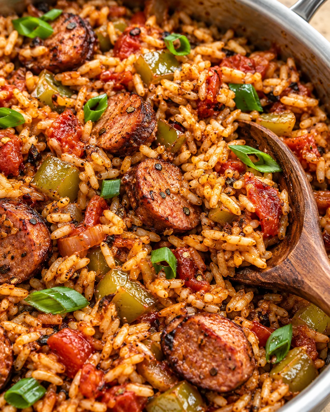 Texture close-up of fluffy seasoned rice, smoky sausage, and tender peppers