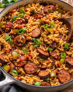 Close-up of smoky sausage and rice skillet with peppers and fire-roasted tomatoes