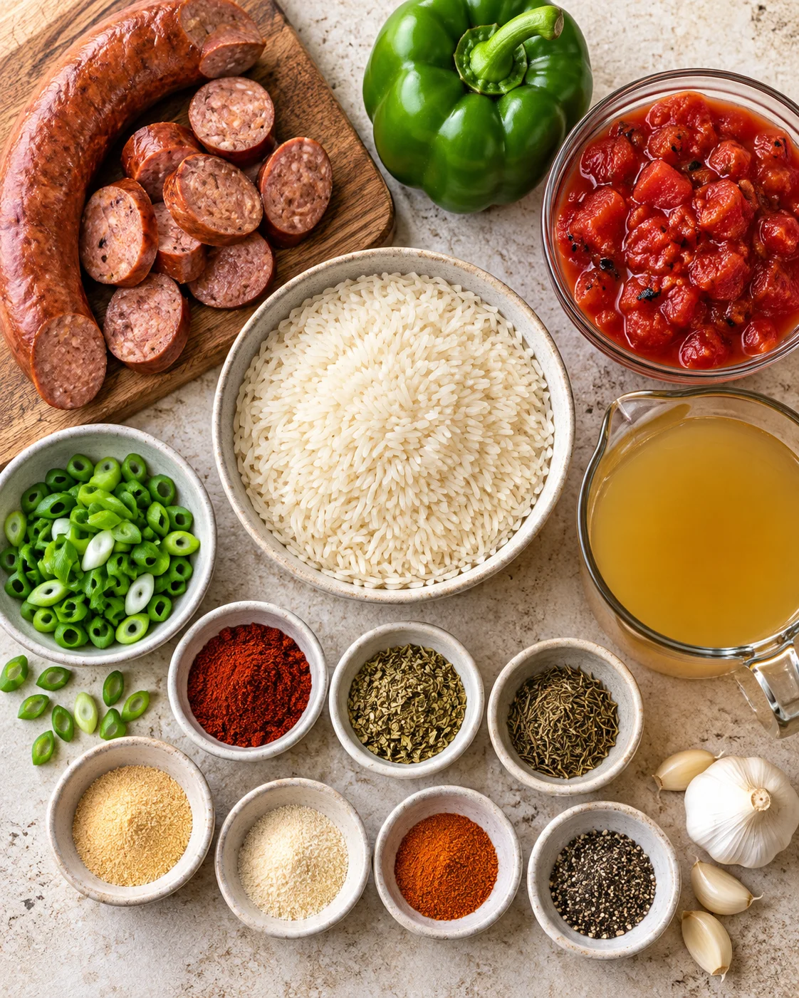 Top-down ingredients for sausage and rice including Andouille, pepper, tomatoes, rice, and spices