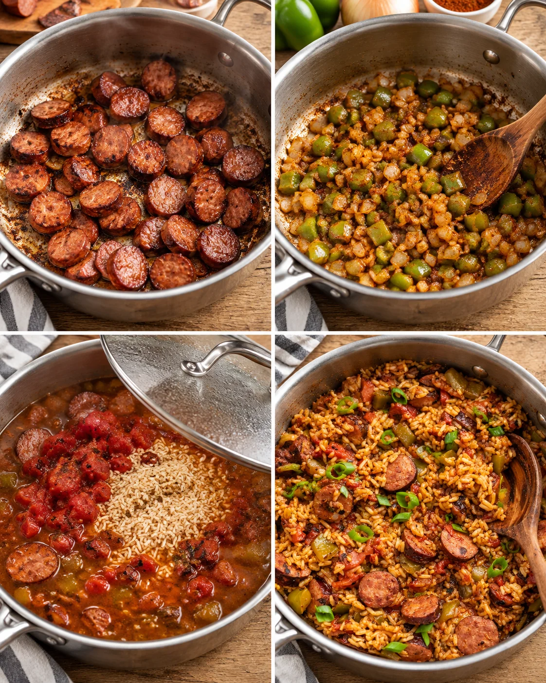Four-step cooking process showing browning sausage, seasoning peppers, simmering rice, and serving