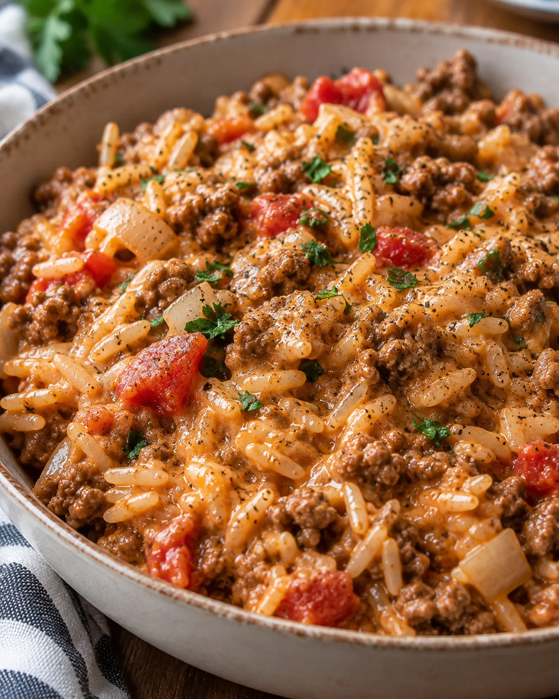 Alternate close angle of creamy ground beef and rice with tender grains and sauce
