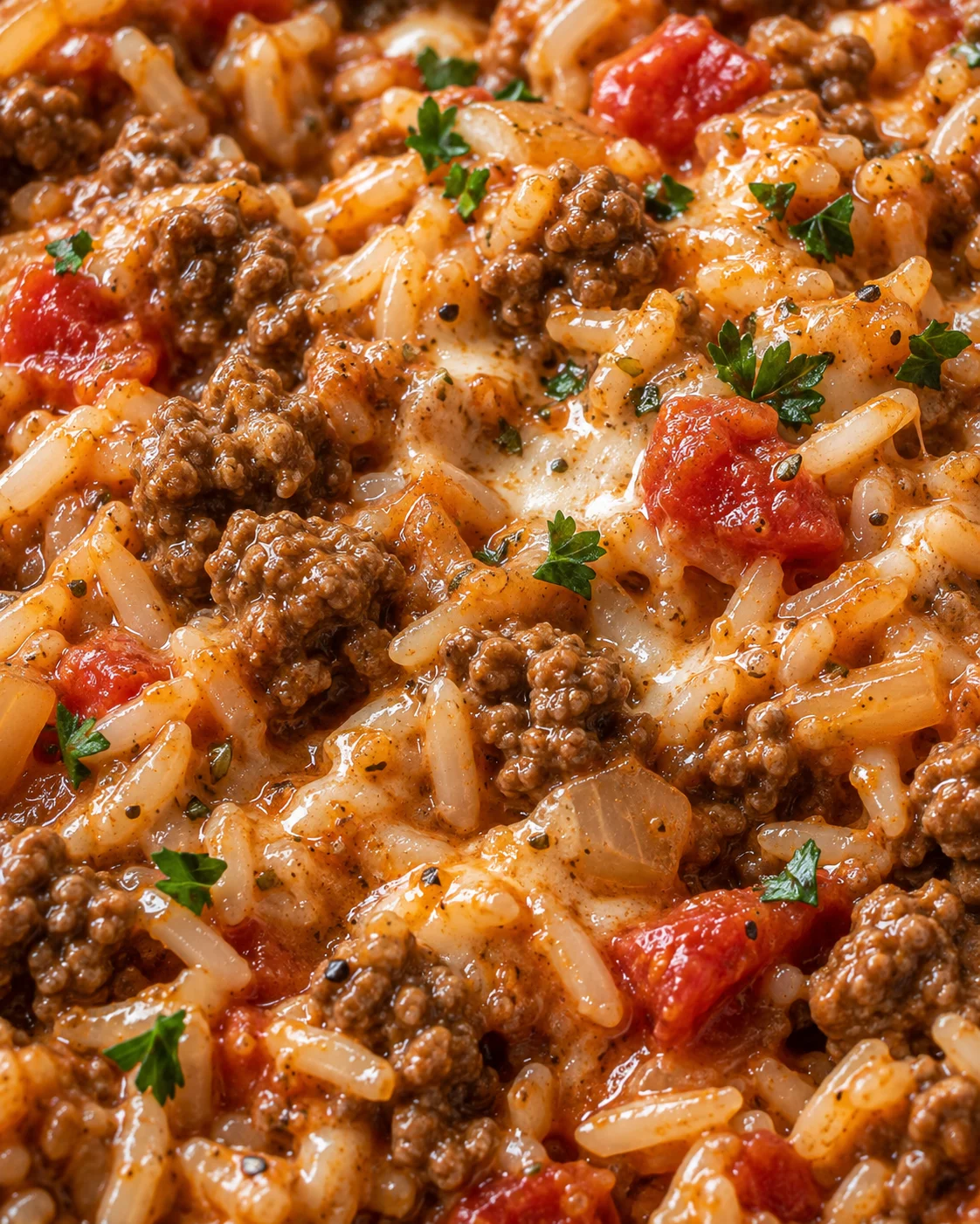 Texture close-up of tender rice, browned beef, cream cheese, and tomato sauce