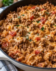 Close-up of creamy ground beef and rice skillet with browned beef and savory tomato sauce