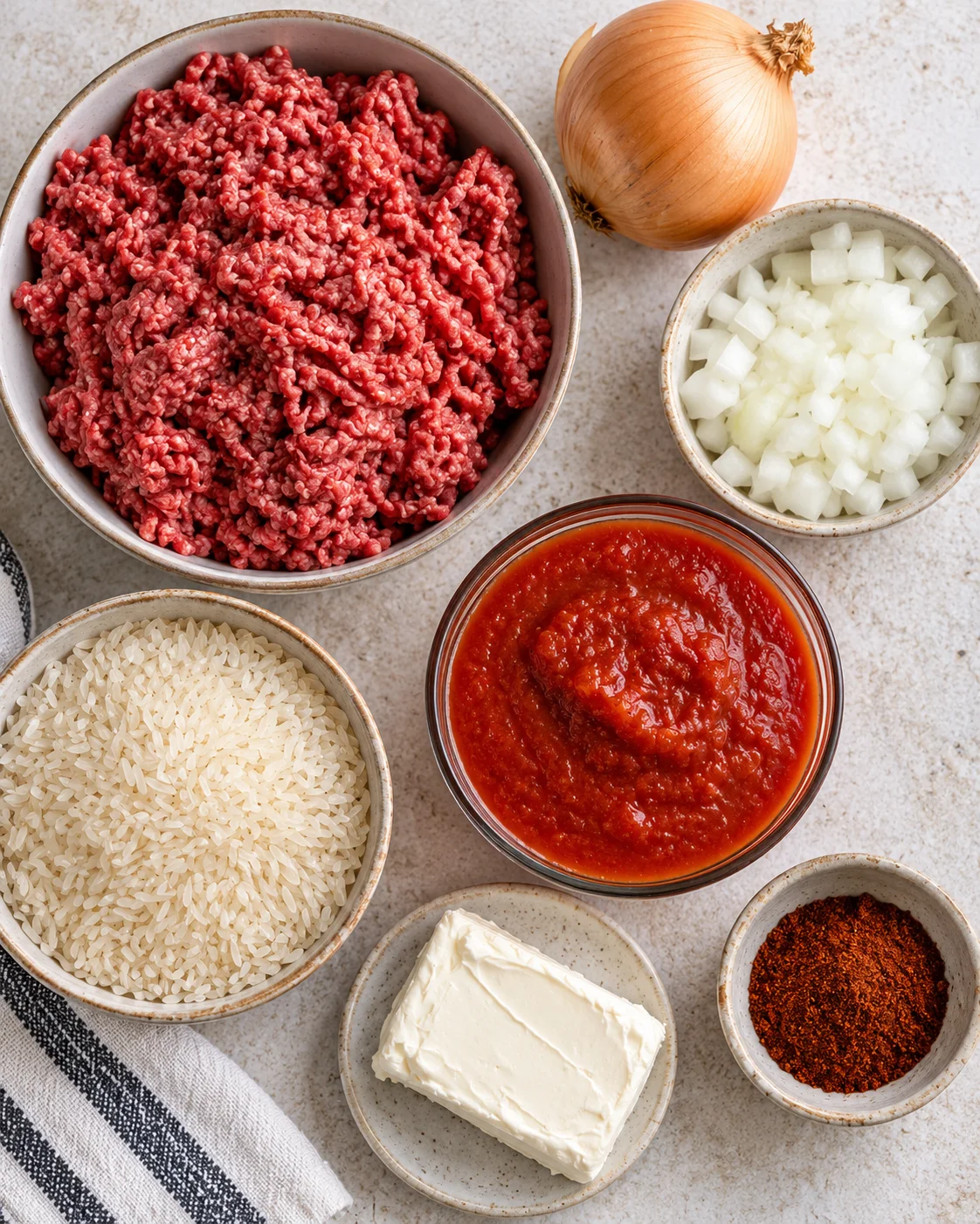 Top-down ingredients for ground beef and rice skillet with onion, rice, cream cheese, sauce, and spices