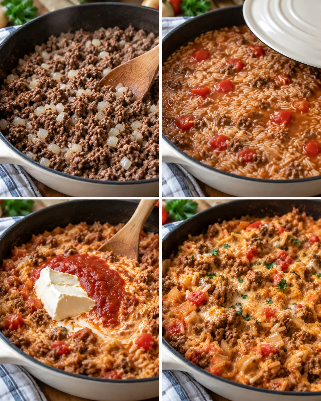 Four-step process for browning beef, simmering rice, stirring sauce, and serving