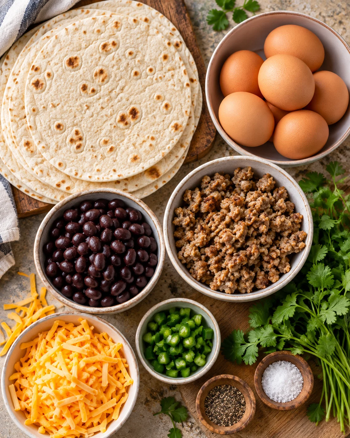 Top-down key ingredients for High-Protein Breakfast Burrito
