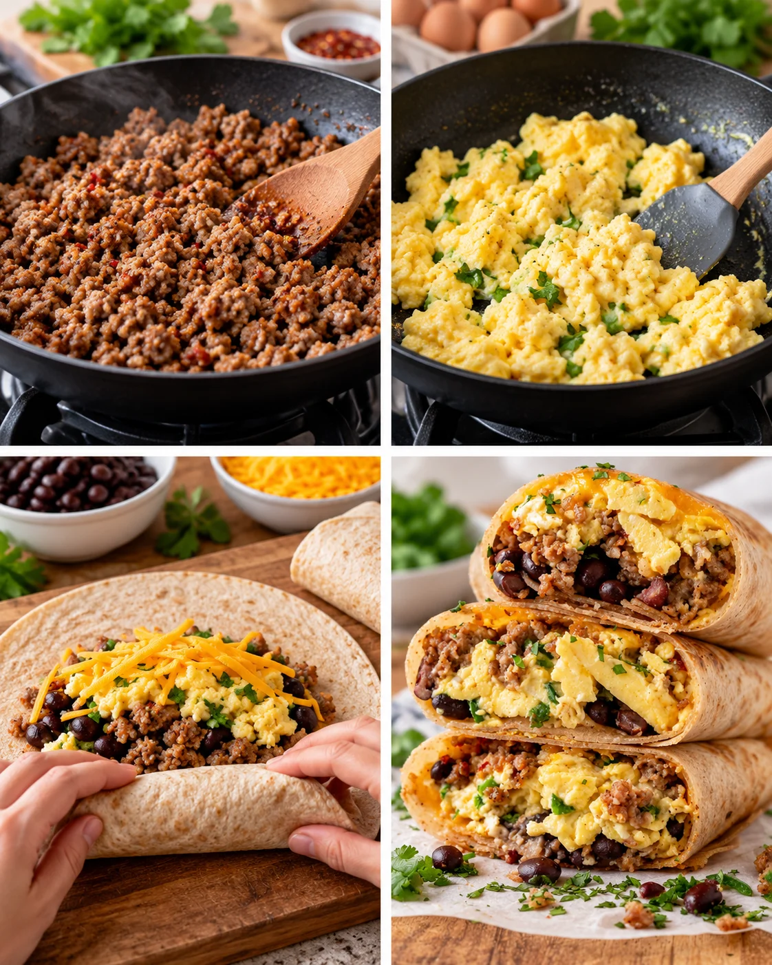 Four-step process showing how to prepare High-Protein Breakfast Burrito