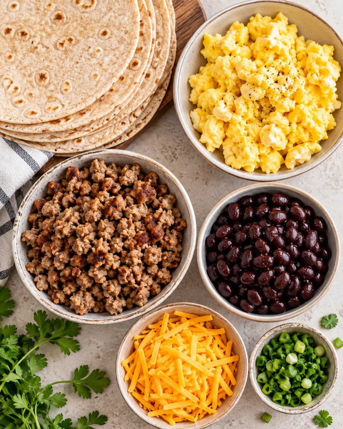 Top-down key ingredients for High-Protein Breakfast Burritos for Meal Prep