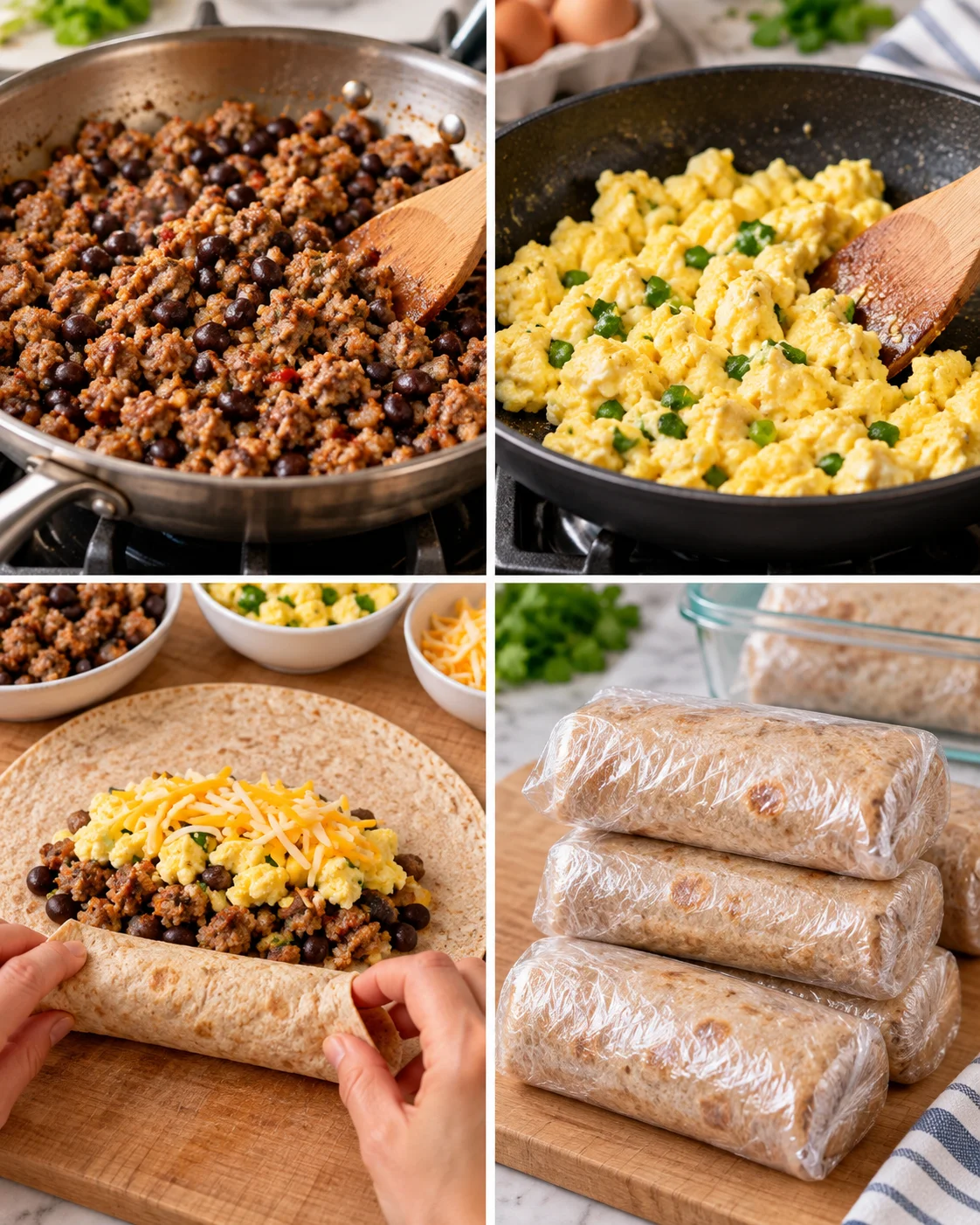 Four-step process showing how to prepare High-Protein Breakfast Burritos for Meal Prep