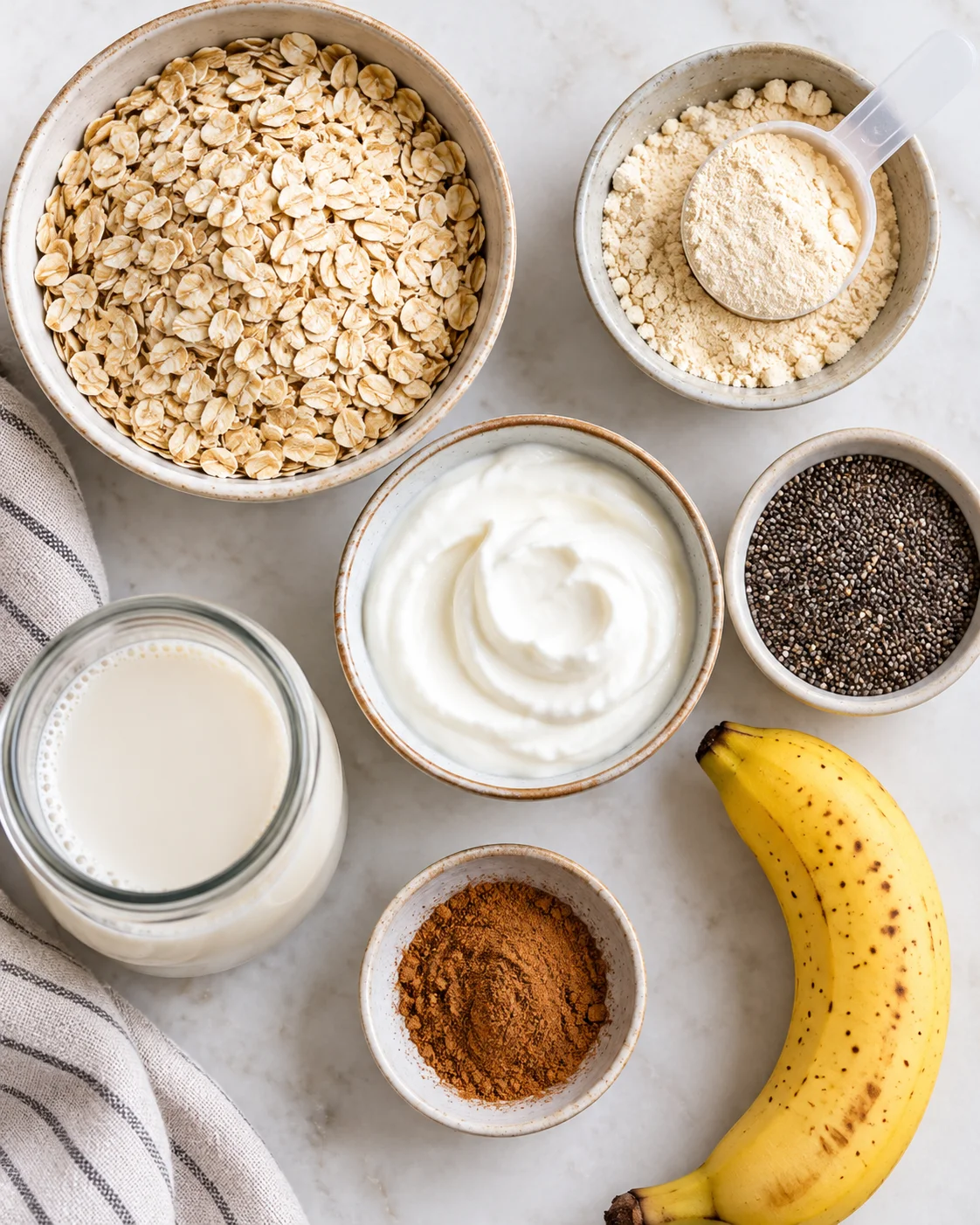 Top-down key ingredients for High-Protein Overnight Oats Recipe