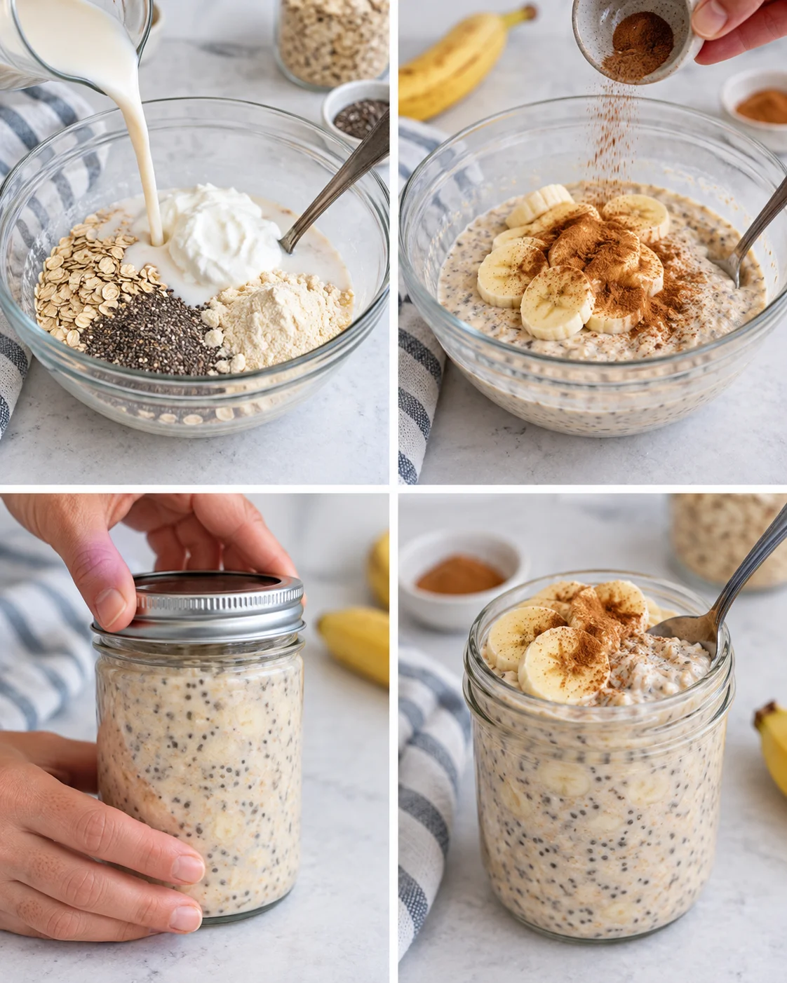 Four-step process showing how to prepare High-Protein Overnight Oats Recipe