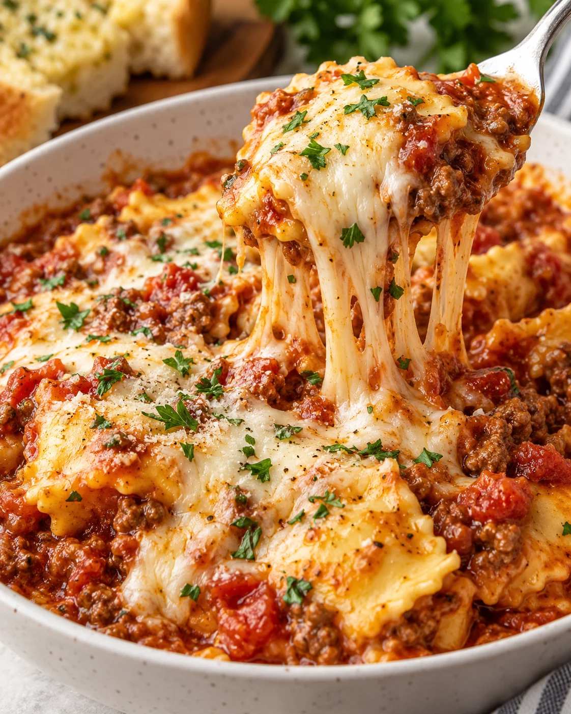 Alternate close-up of saucy slow cooker pasta with tender noodles and a generous cheesy finish