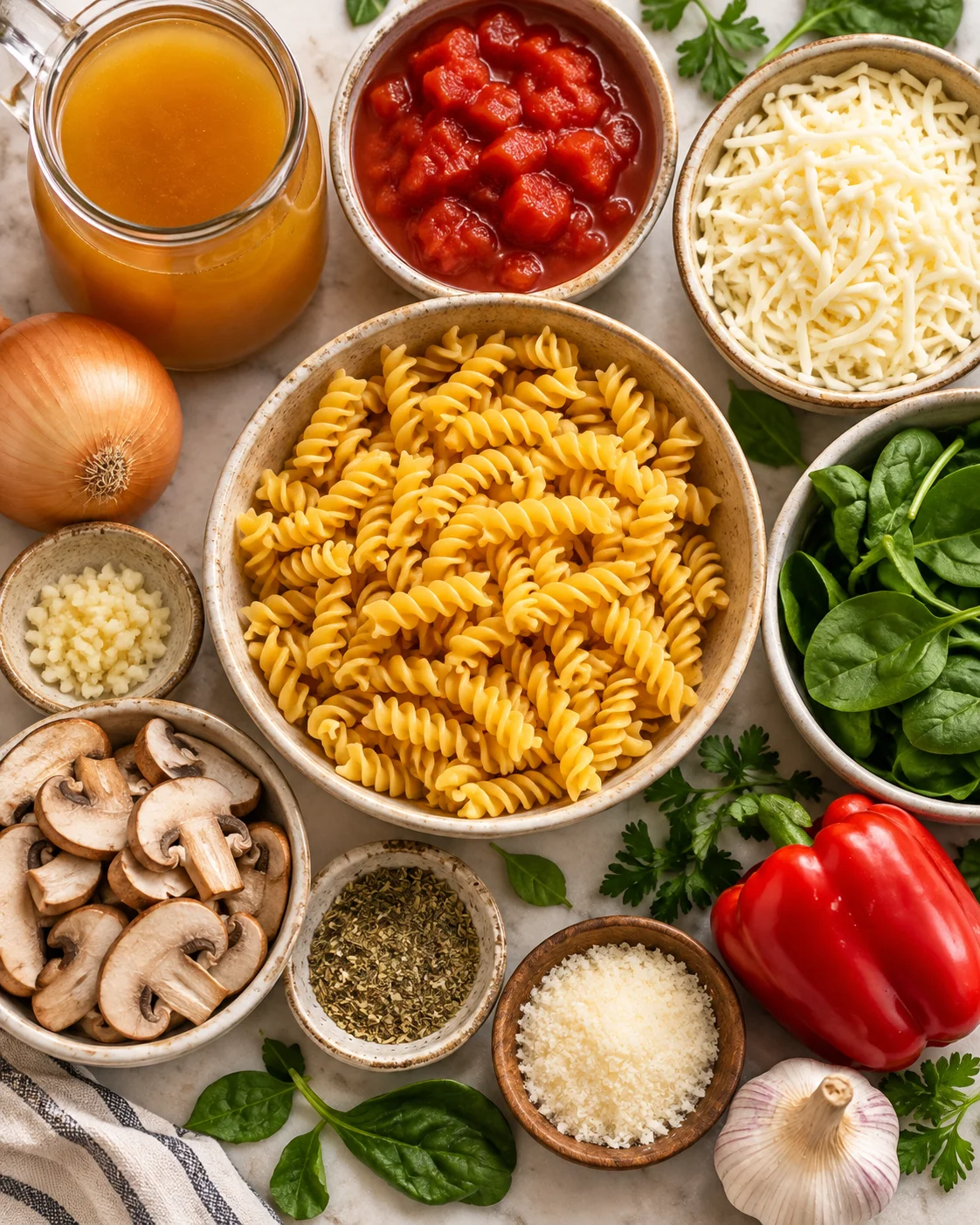 Top-down arrangement of pasta, sauce, cheese, vegetables, and herbs for slow cooker recipes