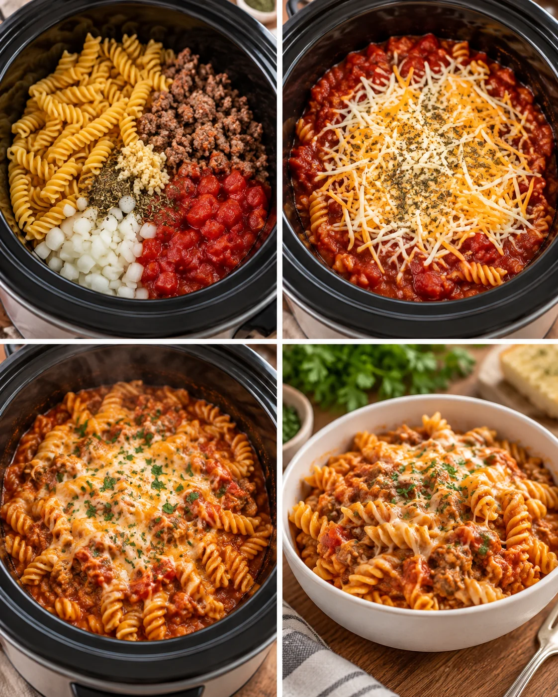 Four-panel process showing layering ingredients, adding pasta, stirring sauce, and serving