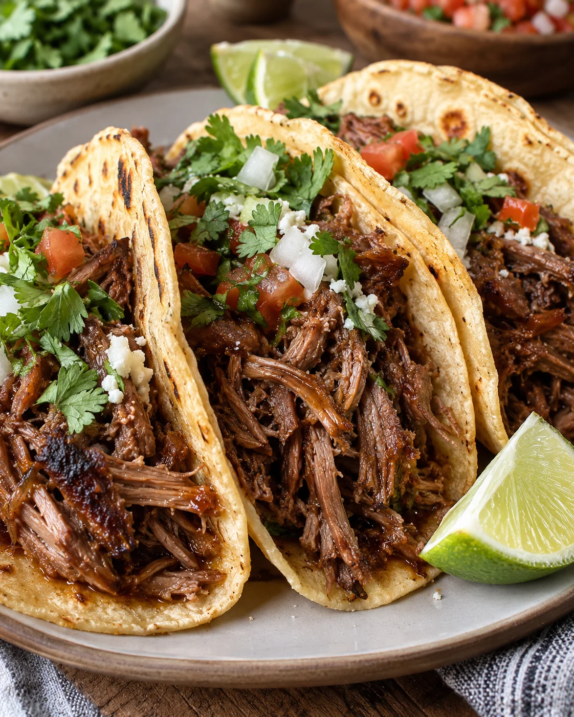 Alternate close angle of saucy shredded beef in tortillas with fresh taco toppings
