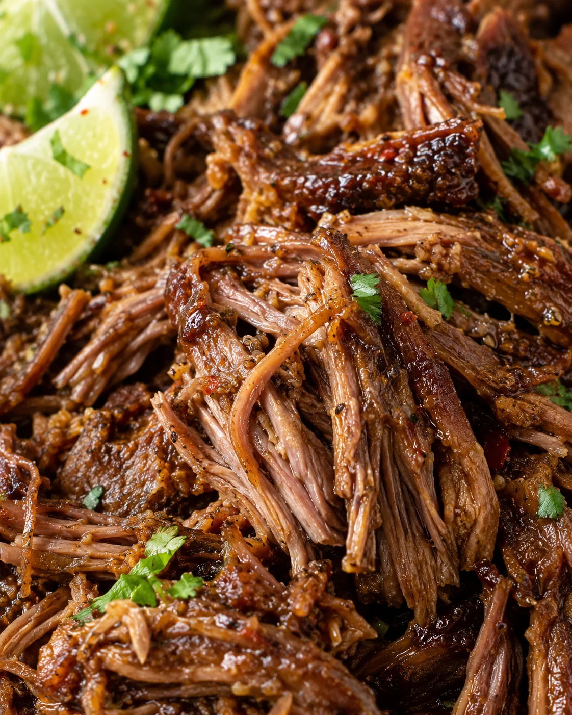 Texture close-up of fork-tender shredded beef coated in smoky lime cooking juices