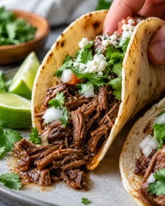 Close-up of juicy shredded beef taco filling with lime and warm tortillas