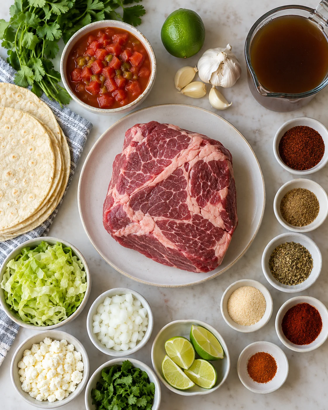 Top-down ingredients for shredded beef tacos including chuck roast, lime, tomatoes, garlic, and spices