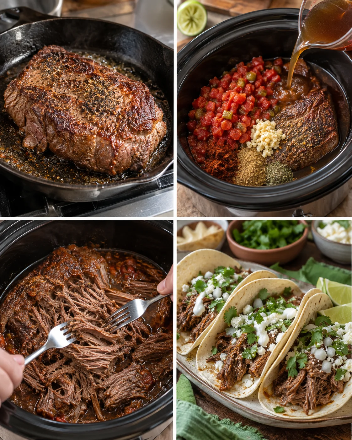 Four-step process showing seasoning and searing beef, slow cooking, shredding, and assembling tacos