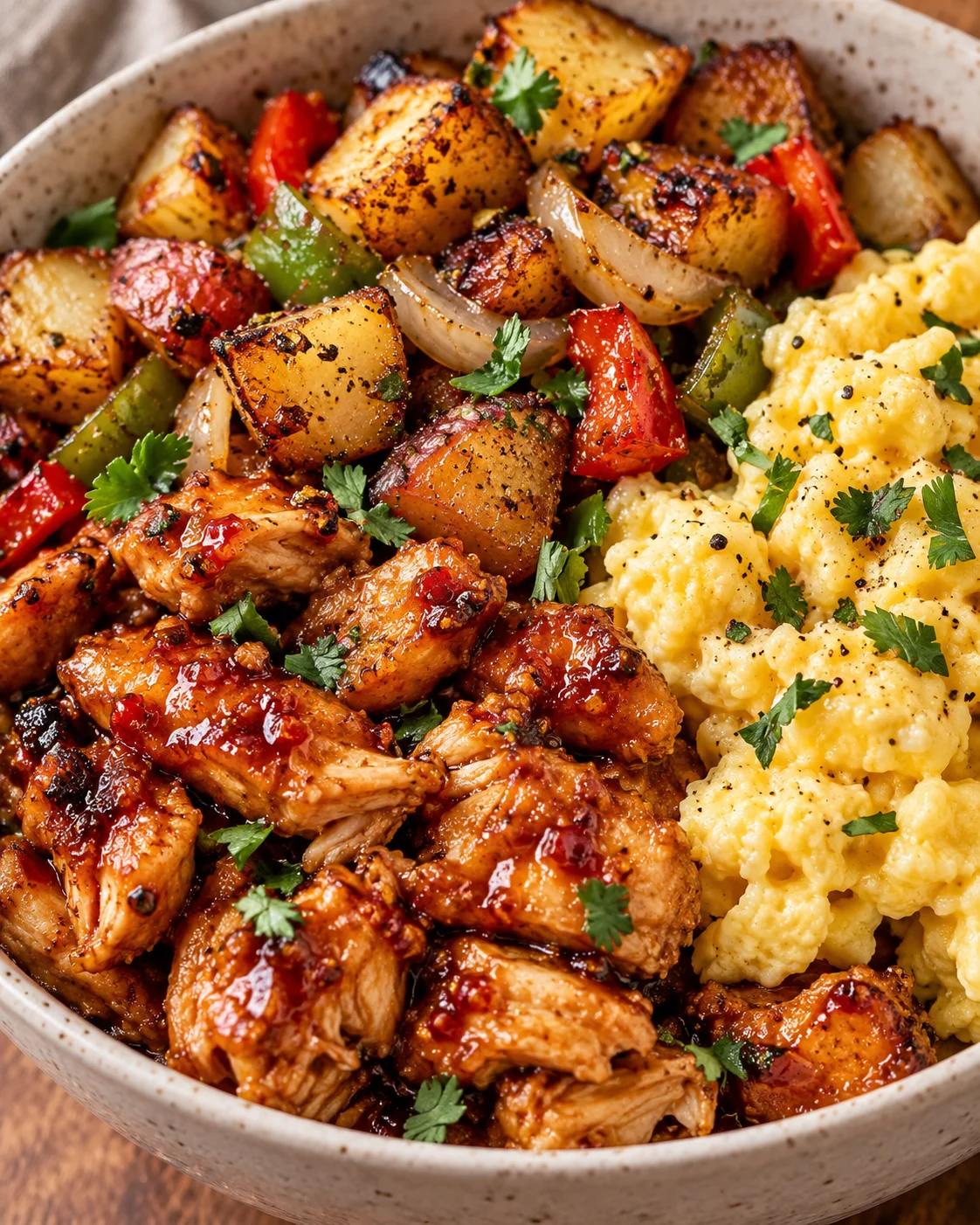 Texture detail showing the crumb and interior of Sweet and Spicy Meal Prep Breakfast Bowls