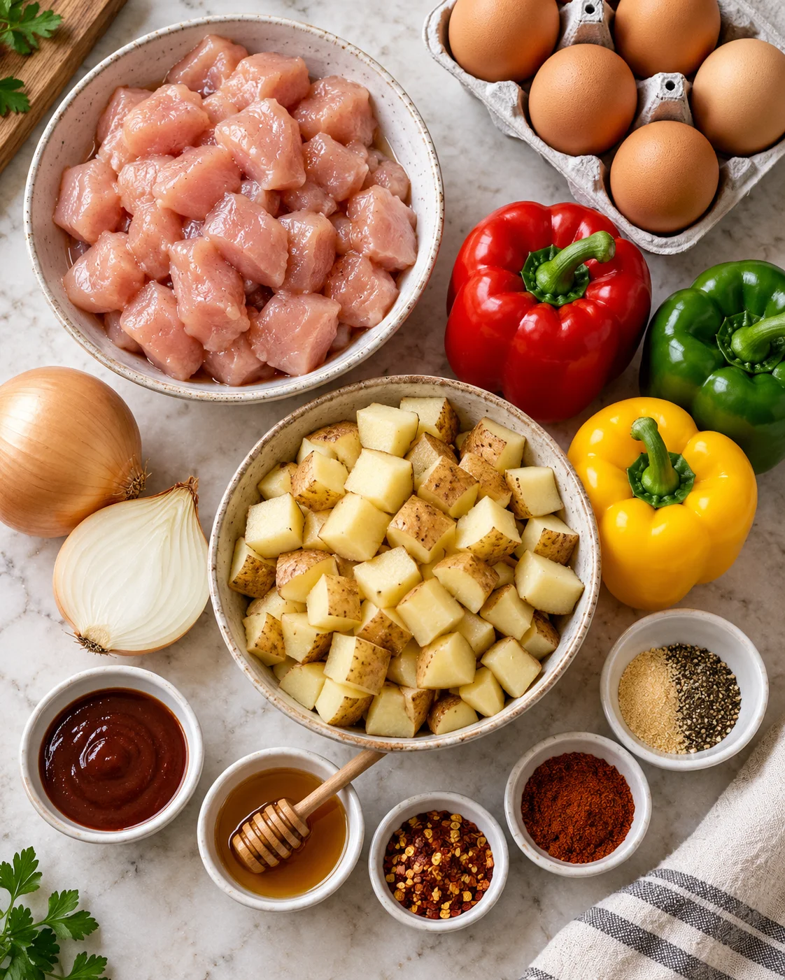 Top-down key ingredients for Sweet and Spicy Meal Prep Breakfast Bowls