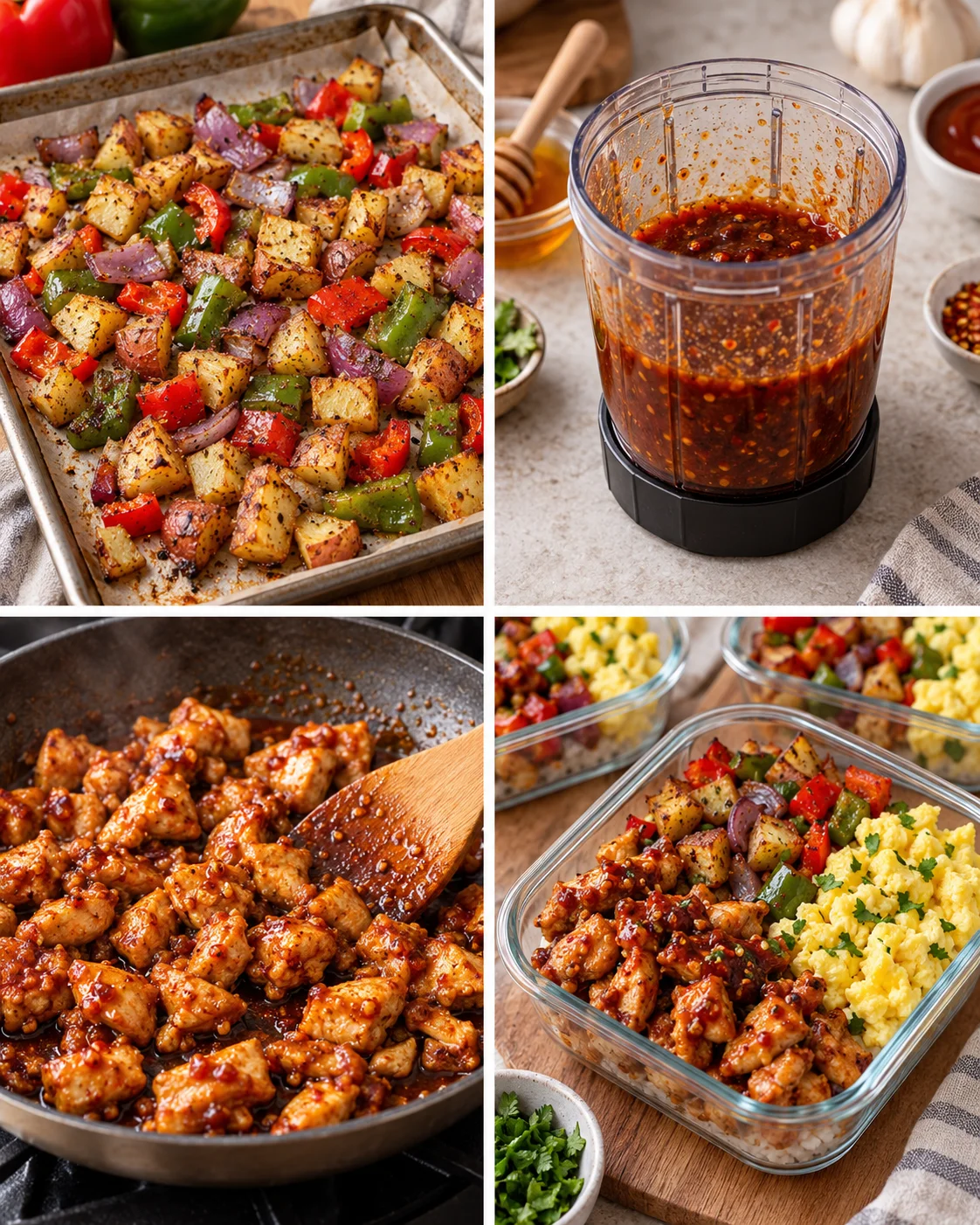 Four-step process showing how to prepare Sweet and Spicy Meal Prep Breakfast Bowls